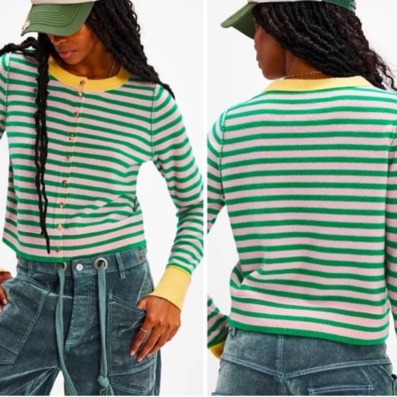 New! Free People nocturnal stripe cardi Green Yellow...